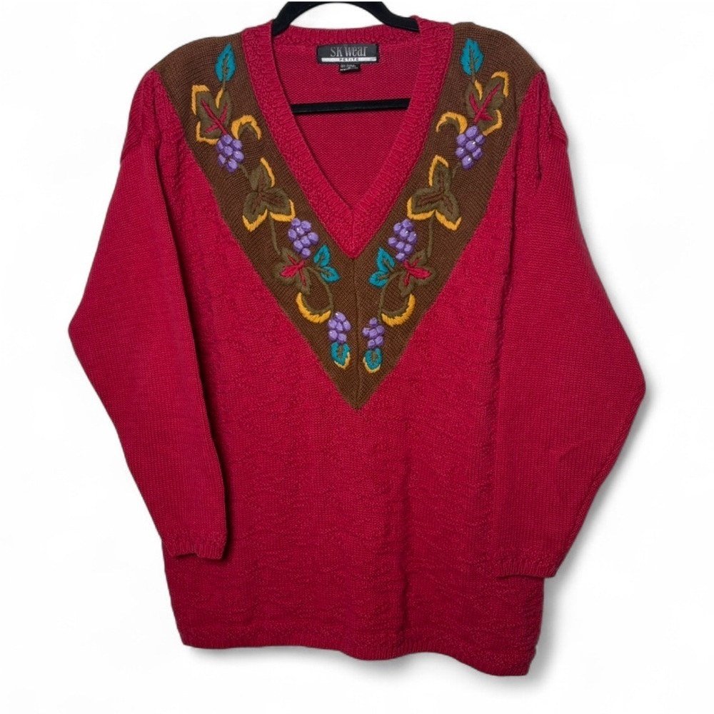 Vintage 90s SK Wear Red Embroidered Knit Sweater Ramie Cotton M